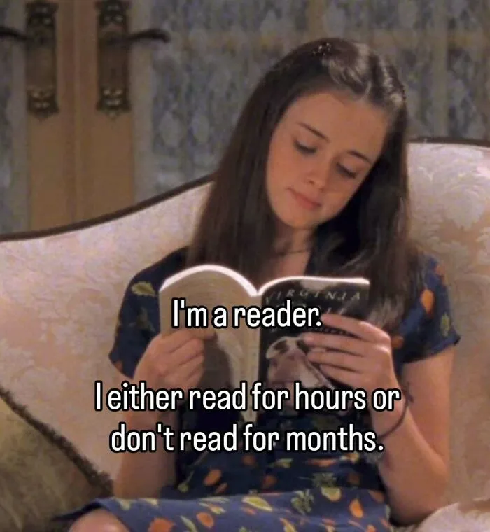 Reading meme about reading for hours or not at all with a young woman