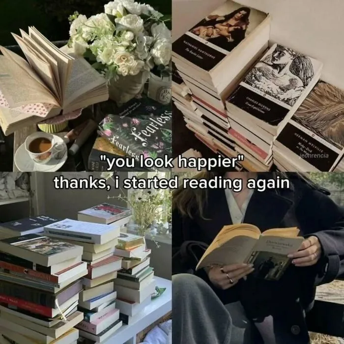 Reading meme showing happier mood after starting to read books again