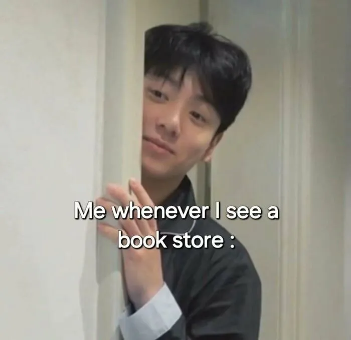 Reading meme showing excitement when seeing a bookstore