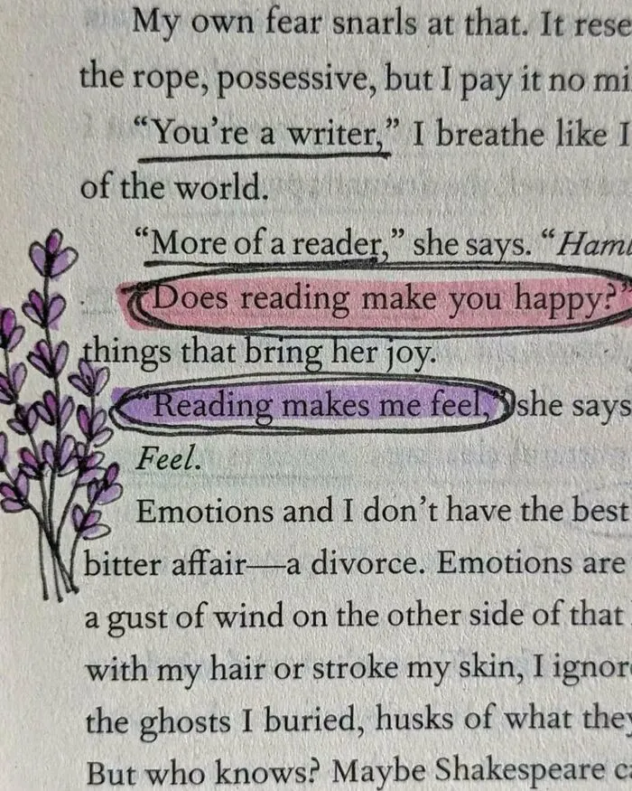 Highlighted book text about reading making someone happy