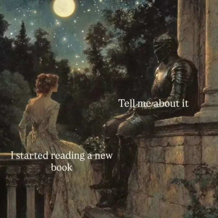 Funny reading meme with knight and woman about starting a new book
