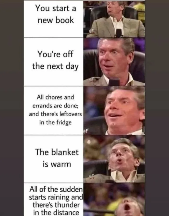 Meme about reading a new book with progressively excited man