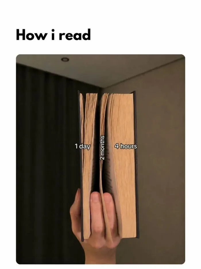 Hand holding three books showing different reading times reading meme