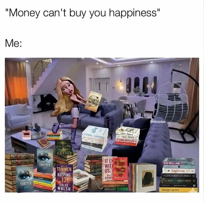 Animated woman happy with pile of books about happiness reading meme