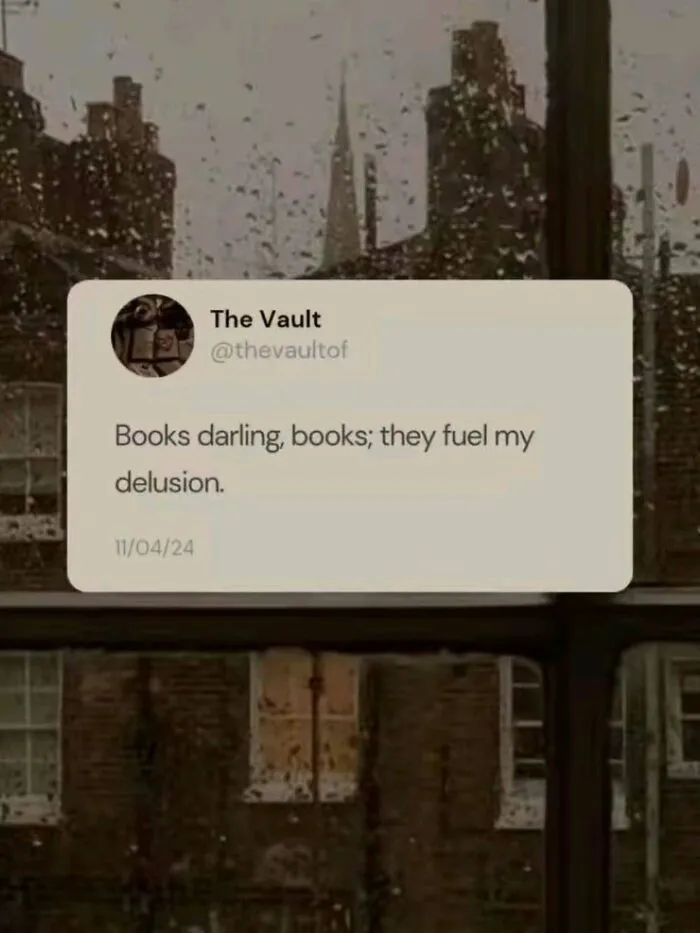 Tweet saying books fuel delusion seen through rainy window reading meme