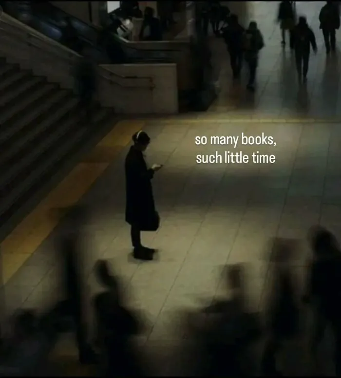 Reading meme showing person reading amidst crowd with text about books and time