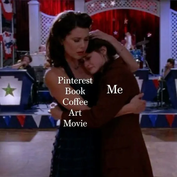 Two women hugging with reading humor including Pinterest and book references