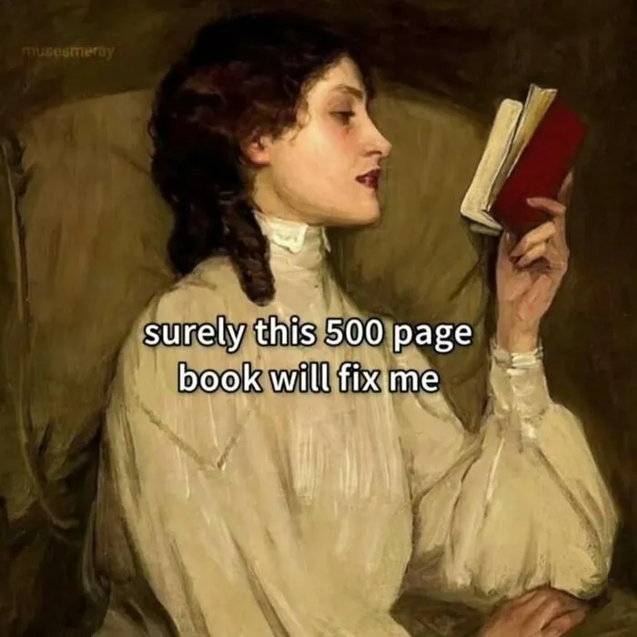 Vintage style painting humorously captioned about 500 page book fixing emotions