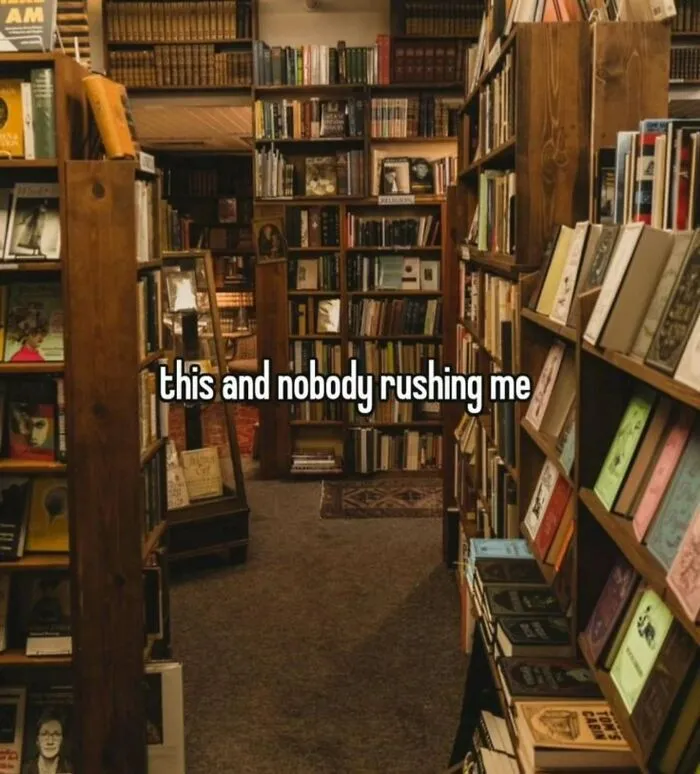 Cozy bookstore full of books with text about nobody rushing in reading memes
