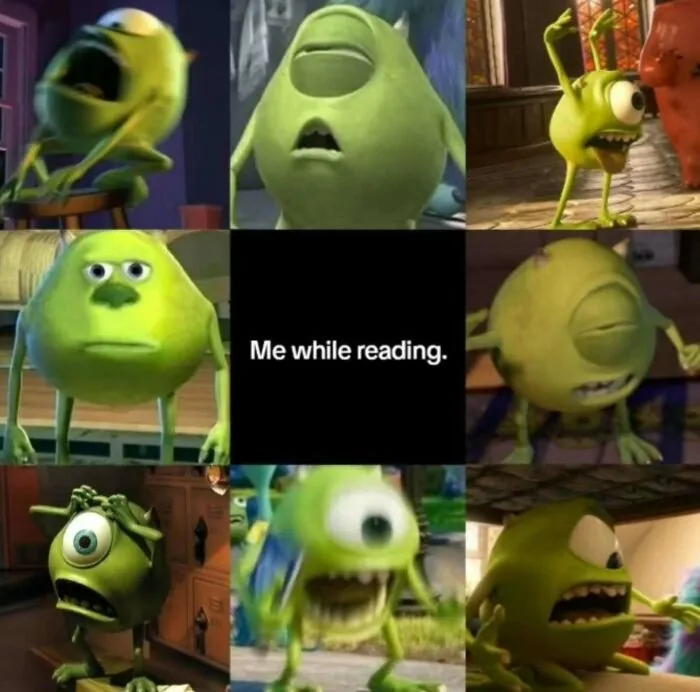 Funny reading meme showing various expressions of green monster character from movie