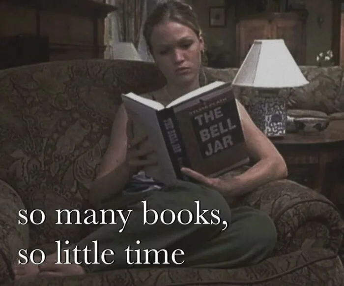 Person reading book titled The Bell Jar with text about many books little time