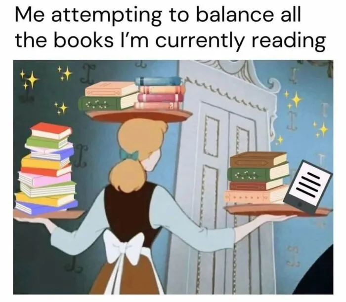 Cartoon woman balancing many books reading meme about multitasking