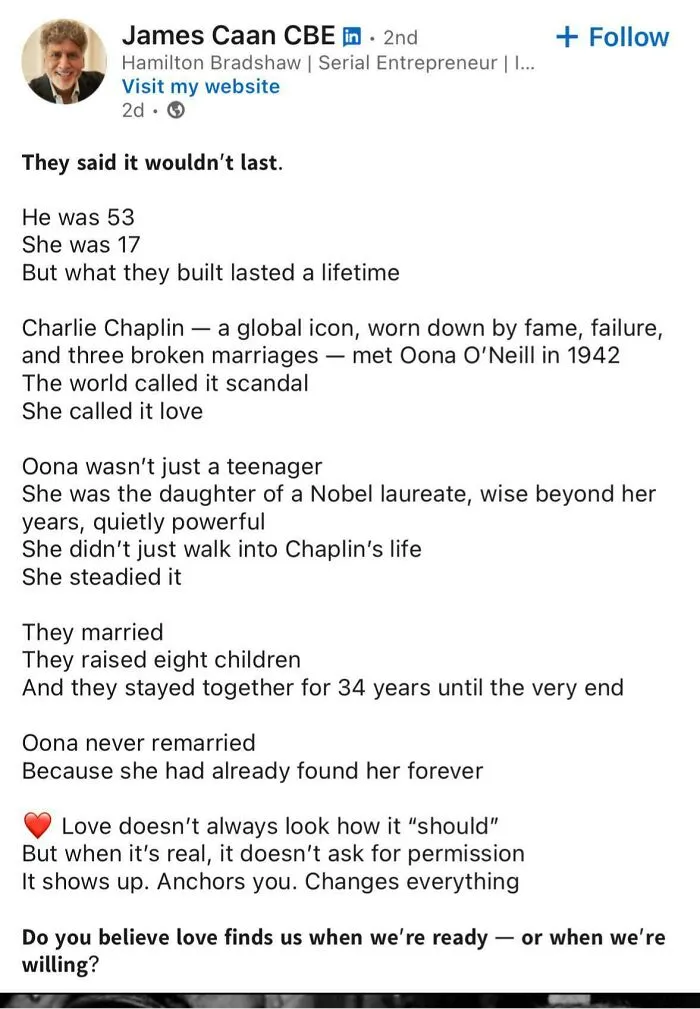 LinkedIn post about Charlie Chaplin's love story with Oona O'Neill