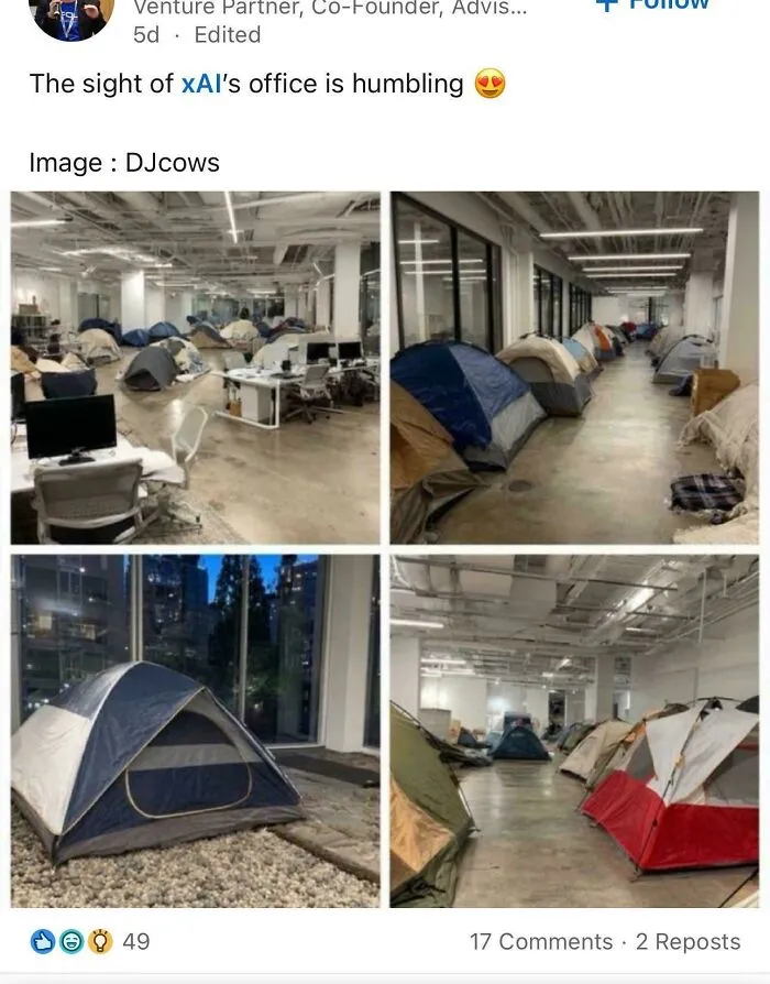 LinkedIn post showing xAI office setup with tents inside workspace