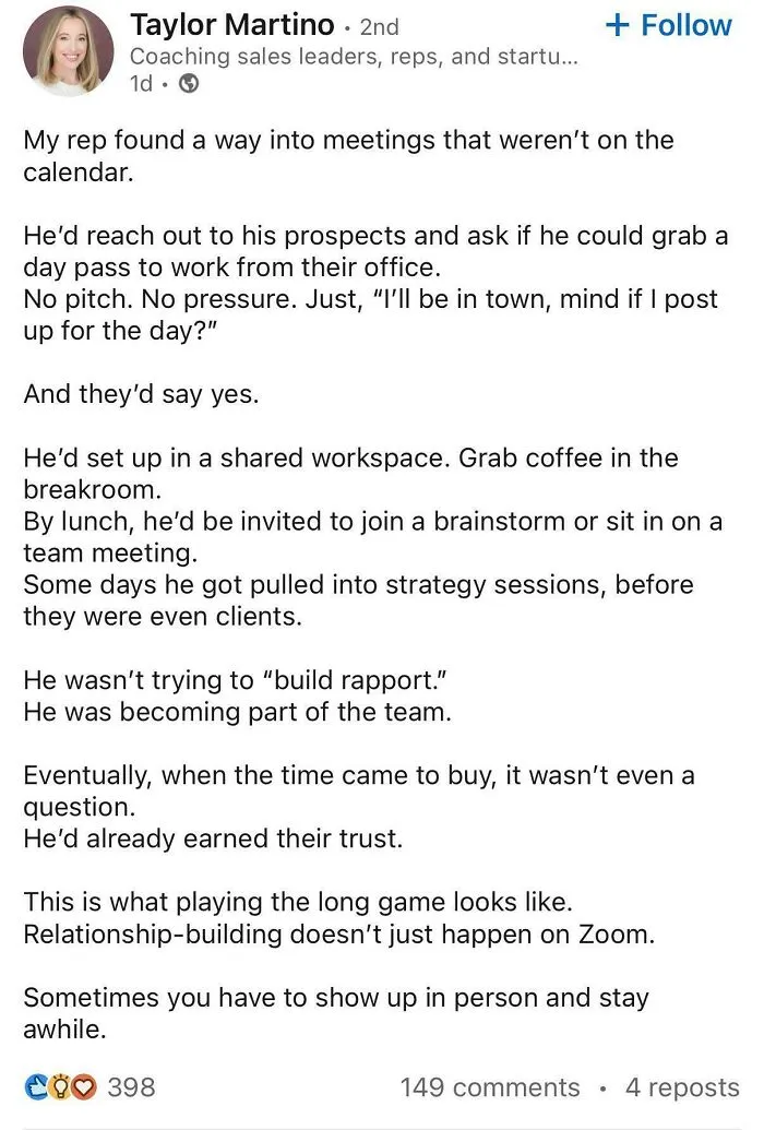 LinkedIn post about playing the long game and building sales relationships in person