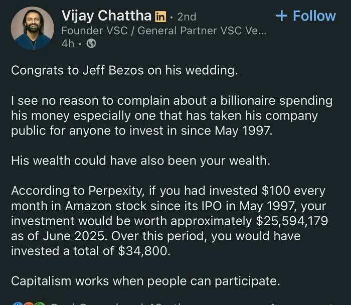 LinkedIn post discussing Jeff Bezos wedding and Amazon stock investment benefits