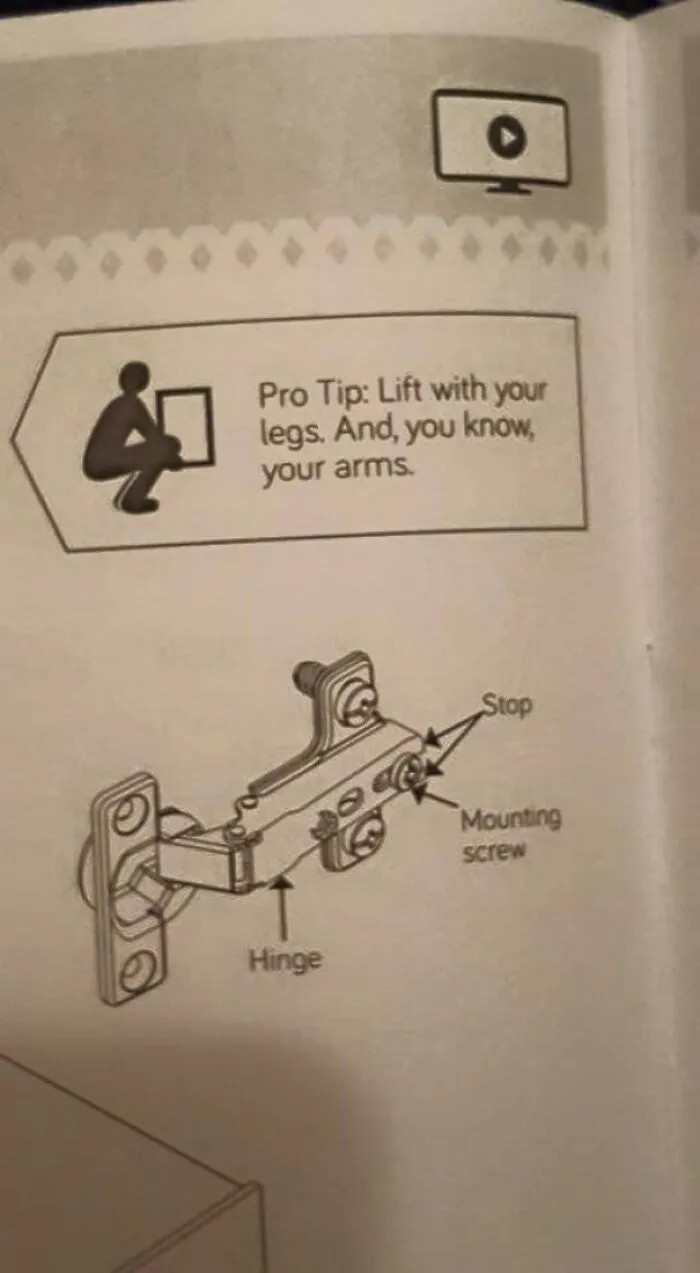 A page of confusing instructions showing a tip to lift with legs and arms along with hinge hardware diagrams