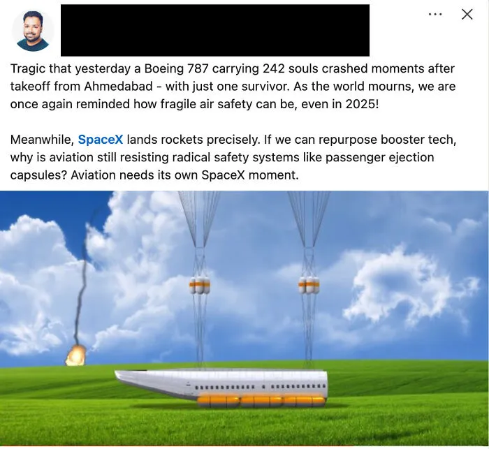 LinkedIn post discussing aviation safety and SpaceX booster technology