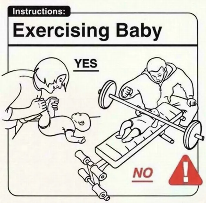 Hilariously confusing instructions showing a baby lifting weights on a bench press labelled as NO.
