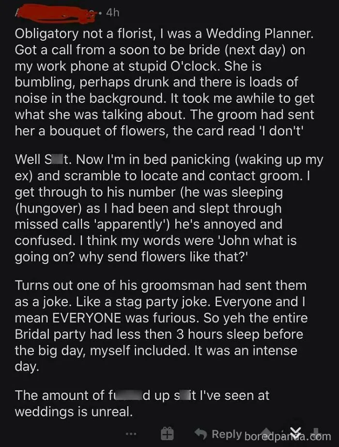 Wedding planner recounting chaotic wedding day with bouquet and groomsman joke