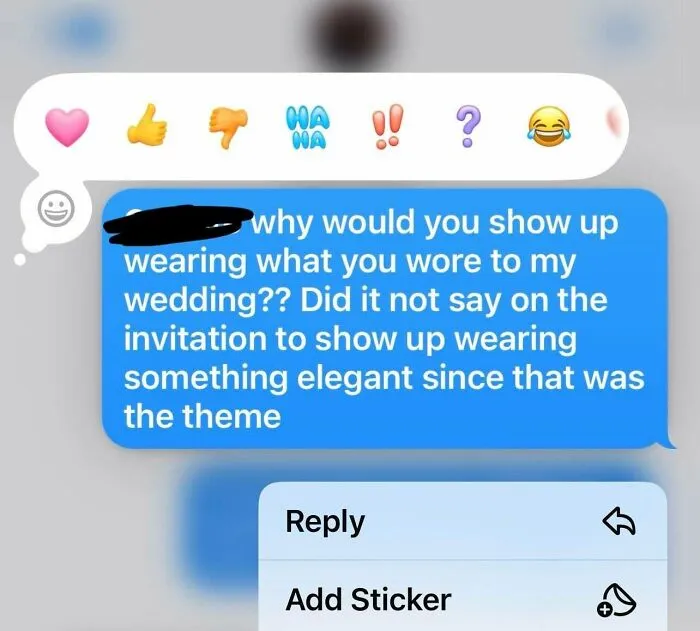 Text message criticizing outfit choice for wedding asking to wear elegant clothes as theme