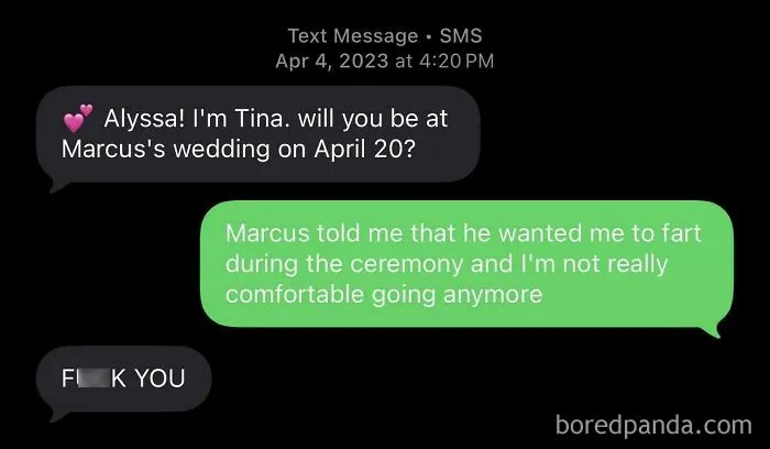 Funny wedding text message conversation showing guest drama