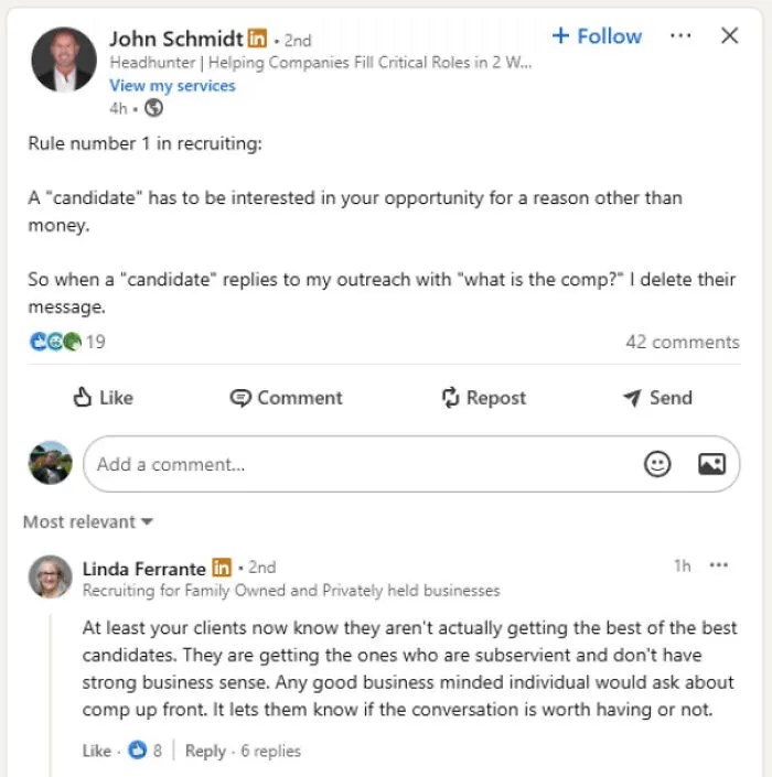 LinkedIn post about recruiting rule to avoid candidates focused only on compensation