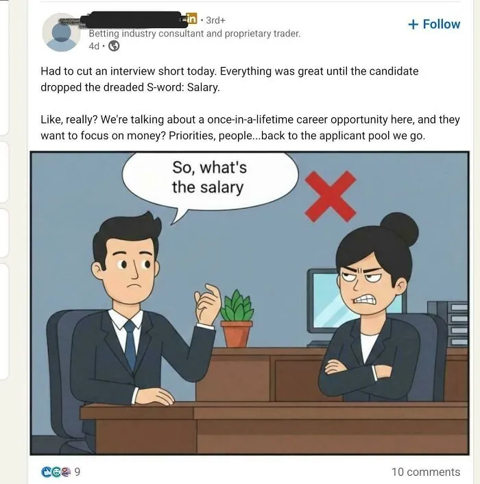 LinkedIn cartoon about interview ending when candidate asks about salary