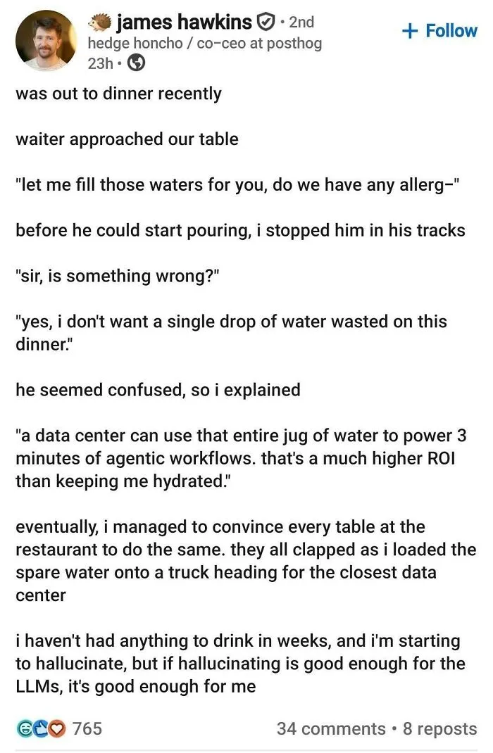 LinkedIn post humorously refusing water to save resources for data center