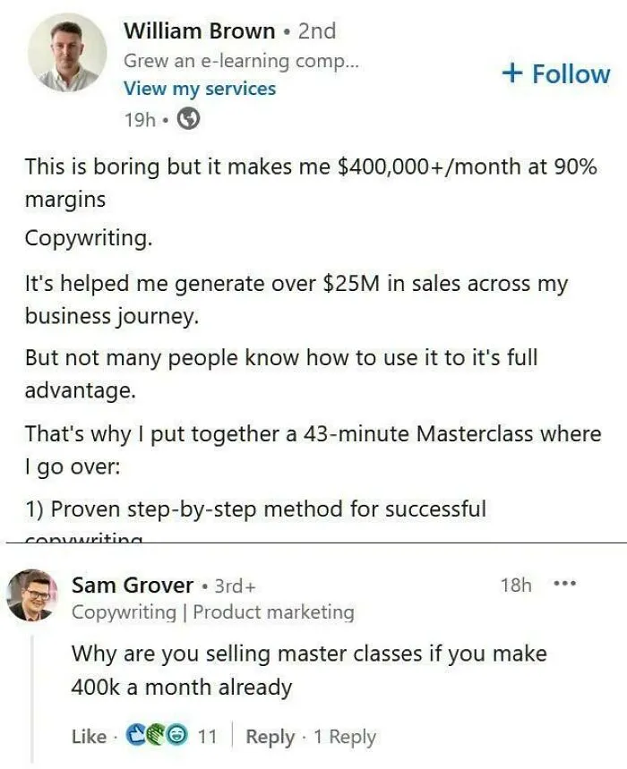 LinkedIn post discussing making 400k monthly from copywriting masterclass