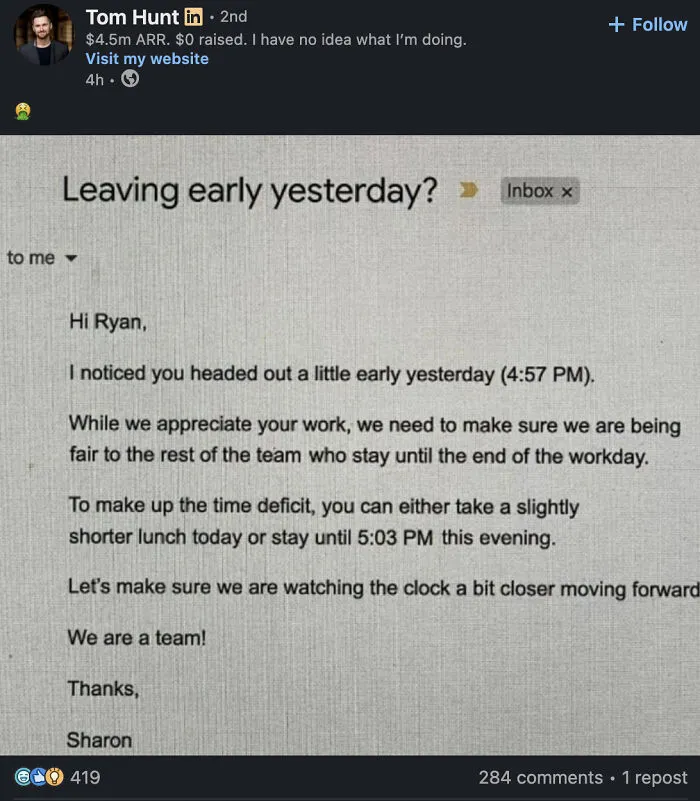 LinkedIn post showing an email about leaving work early and making up time.