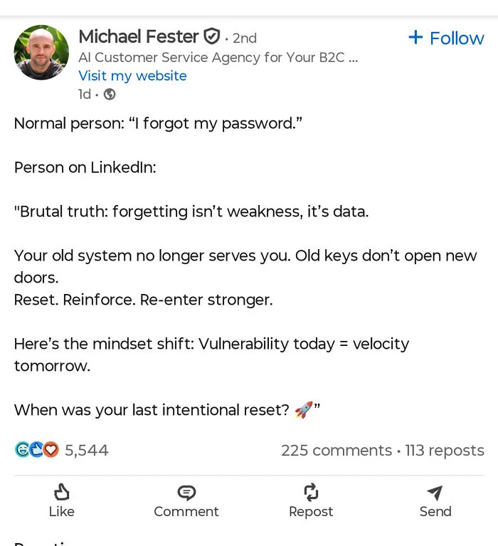 LinkedIn post about mindset shift in forgetting passwords and vulnerability.