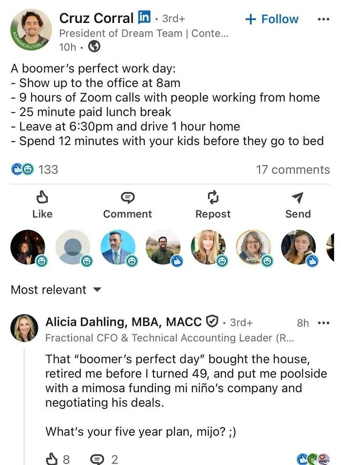 LinkedIn post describing a boomer's perfect work day and short family time.