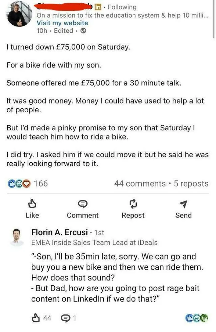LinkedIn post about turning down 75000 pounds for a bike ride with son.