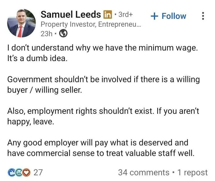 LinkedIn post claiming minimum wage and employment rights are dumb ideas in business.