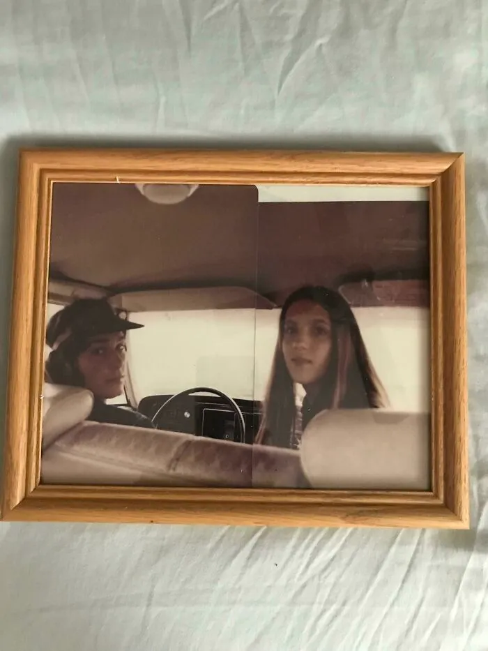 Old photo of two women in car fragmented into halves glitch