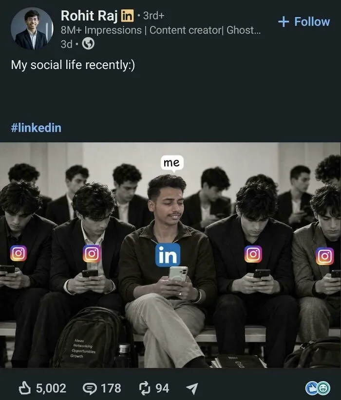 LinkedIn post showing person using LinkedIn among others on Instagram for social life humor