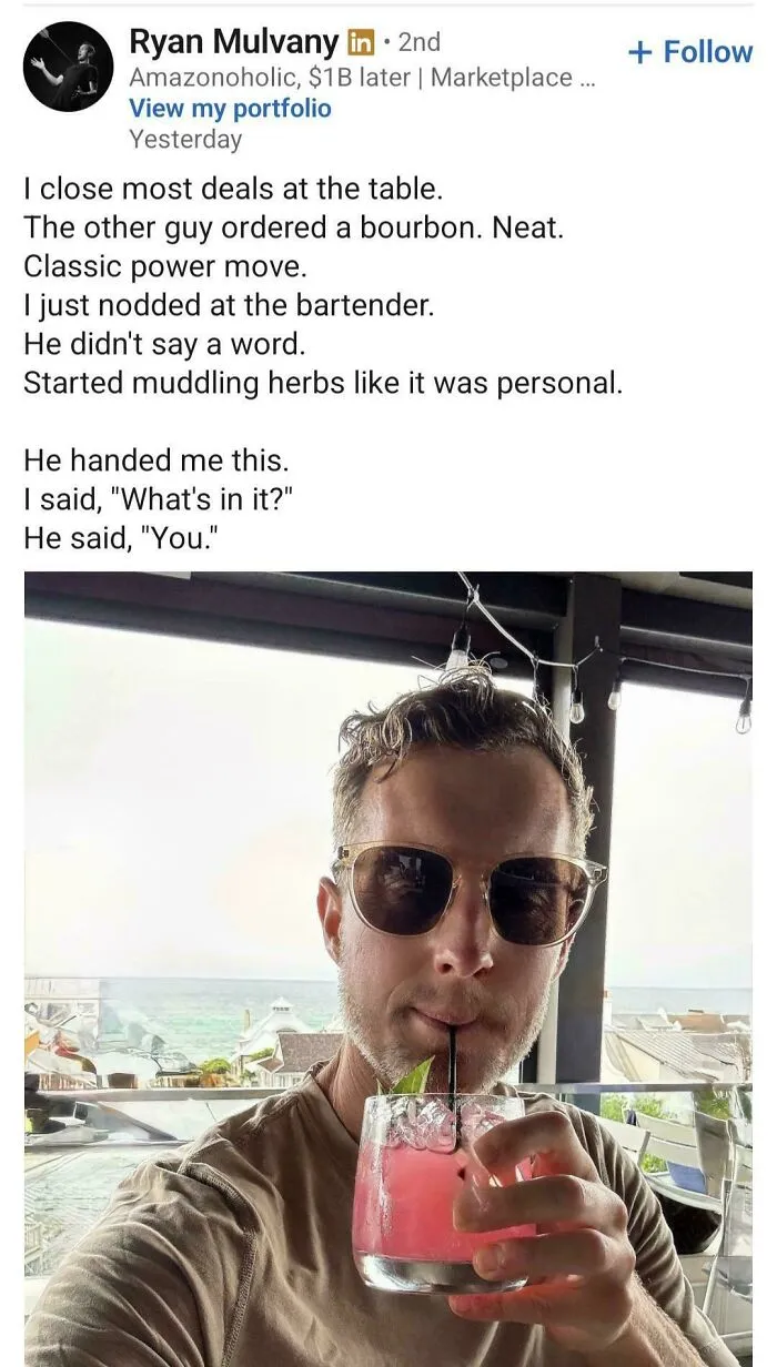 LinkedIn post with man drinking cocktail describing closing deals with a power move
