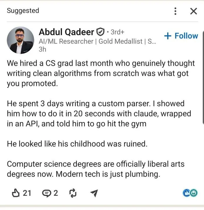 LinkedIn post mocking old computer science grad's promotion belief and tech changes