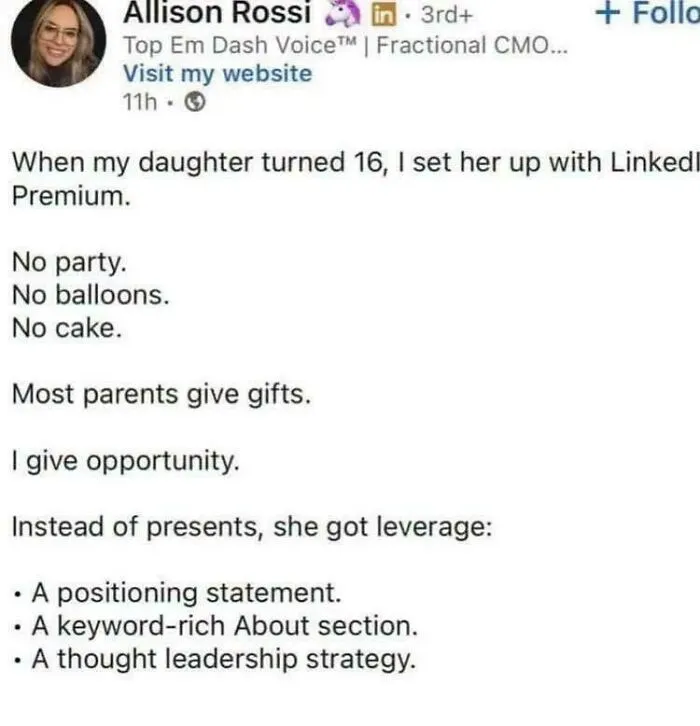 LinkedIn post about gifting LinkedIn Premium for daughter's 16th birthday instead of party