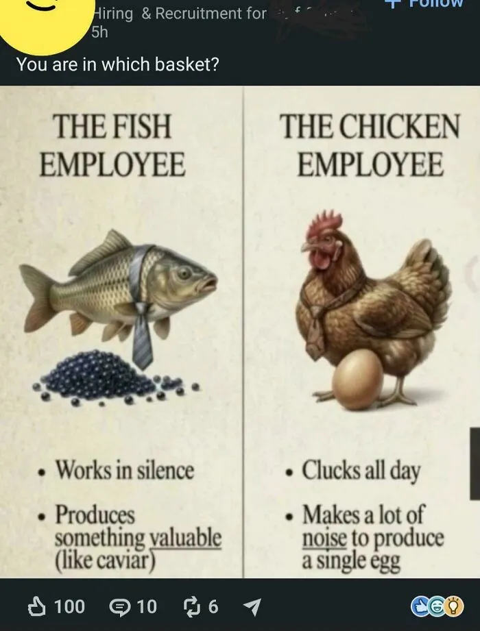Illustration comparing fish employee and chicken employee work styles in LinkedIn post