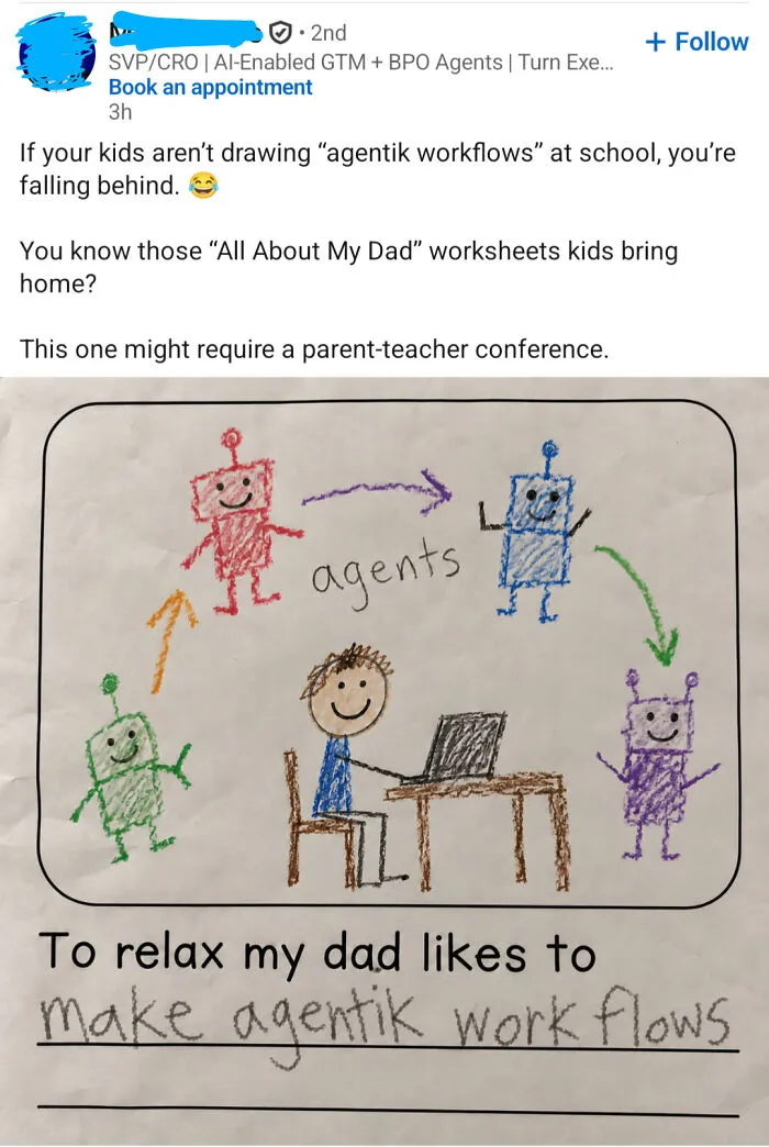 Child's drawing of agentik workflows from LinkedIn post about parent work life
