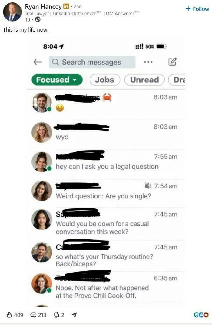 Screenshot of LinkedIn messages showing legal questions and casual chats