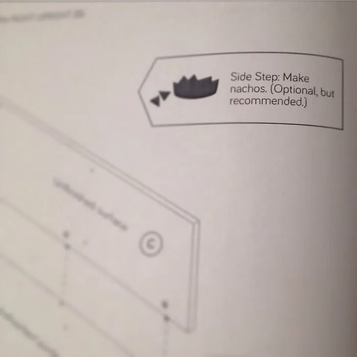 An assembly manual with confusing instructions including a side step advising to make nachos.