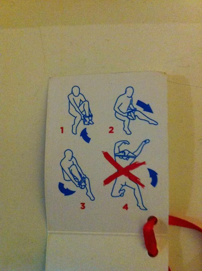 A sequence of drawings showing confusing instructions on putting on clothing with a big red cross on step 4.