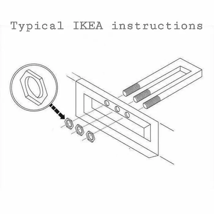 An illustration depicting confusing instructions for assembling hardware resembling a typical IKEA diagram.