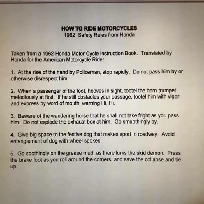 A printed page showing hilarious rules from a 1962 Honda instruction manual translated into English.