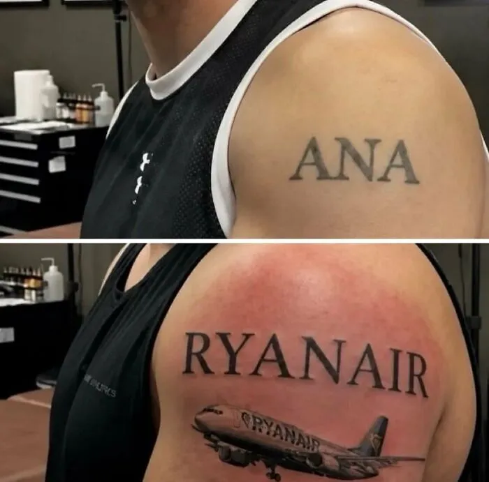Before and after tattoo cover up turning the name Ana into Ryanair in funny random photos.