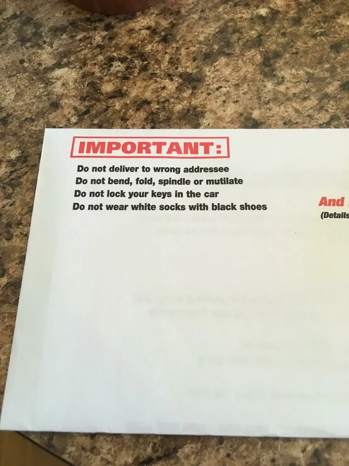 Envelope printed with a list of absurdly confusing instructions under important notice