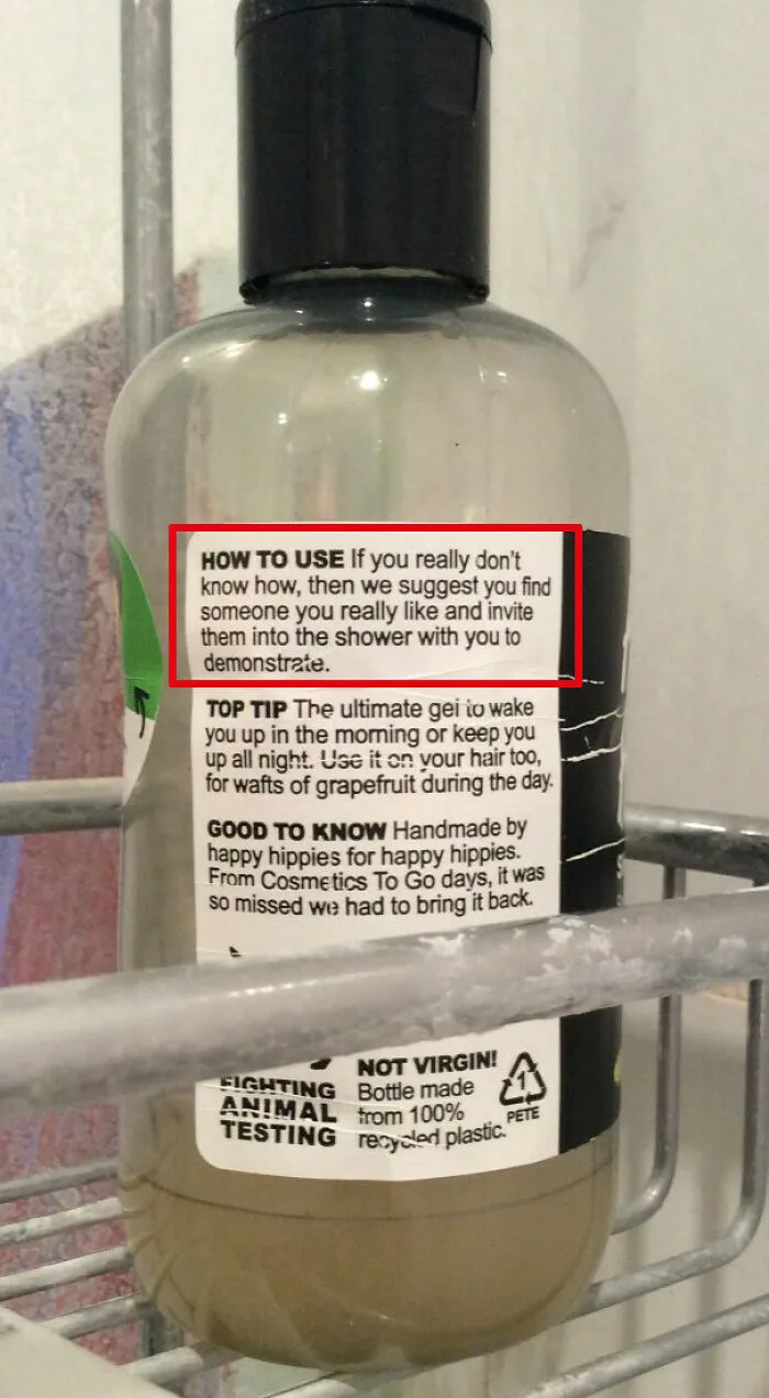 A soap bottle featuring funny and confusing instructions on how to use it in the shower.